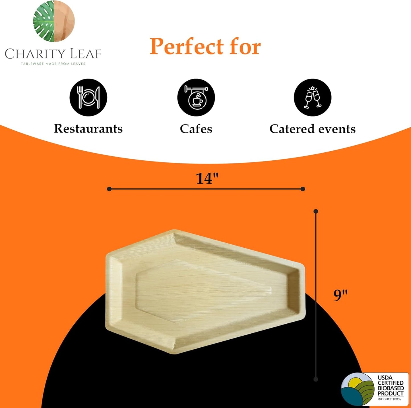 Charity Leaf Disposable Palm Leaf 14"x9" Coffin Trays (25 Pieces) Bamboo Like Serving Platters, Disposable Boards, Eco-Friendly Dinnerware for Christmas, Weddings, Catering, Events