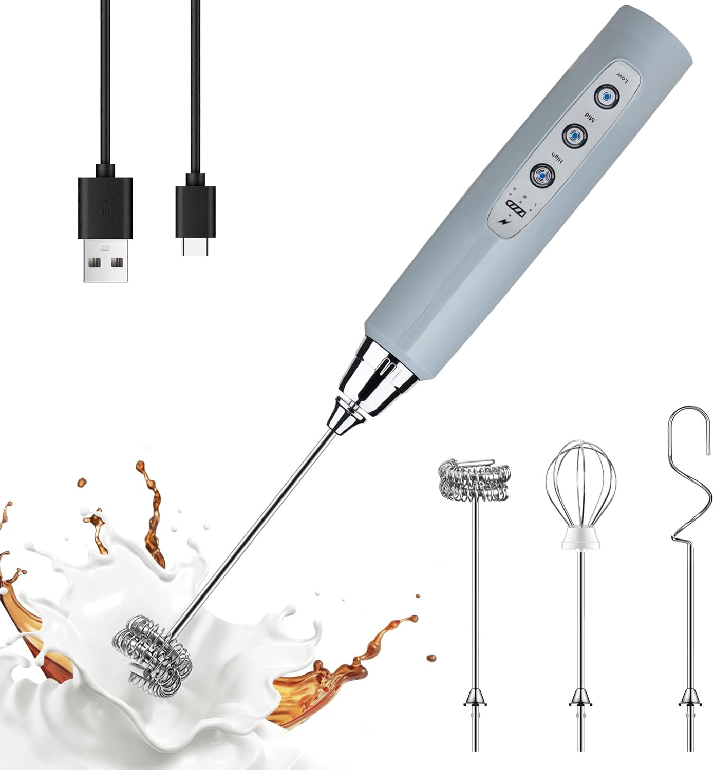 YUSWKO Handheld Milk Frother for Coffee, Rechargeable Drink Mixer with 3 Heads 3 Speeds Electric Whisk Coffee Frother For Latte, Cappuccino, Hot Chocolate, Egg - Cement Gray