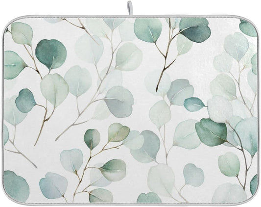 Sage Green Leaves Dish Drying Mat for Kitchen Counter Watercolor Branch Plant Drying Mat 18 x 24 Inch with High Absorbent Reversible Microfiber Dish Drying Pad Drainer Mat for Coffee Bar