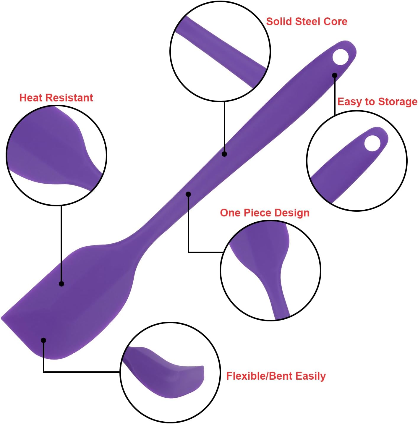 Silicone Spatulas Set, Rubber Spoon Spatula Heat Resistant Spoonula One Piece Design Seamless Spatula Non-Stick Scrapers Baking Mixing Tool (Purple)