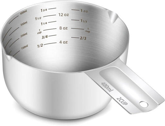 1PCS 2Cup (480ml, 16oz) Single Measuring Cup, Etched Inner Scale Stainless Steel Measure Scoop, Metric and US Measurement, Dishwasher Safe