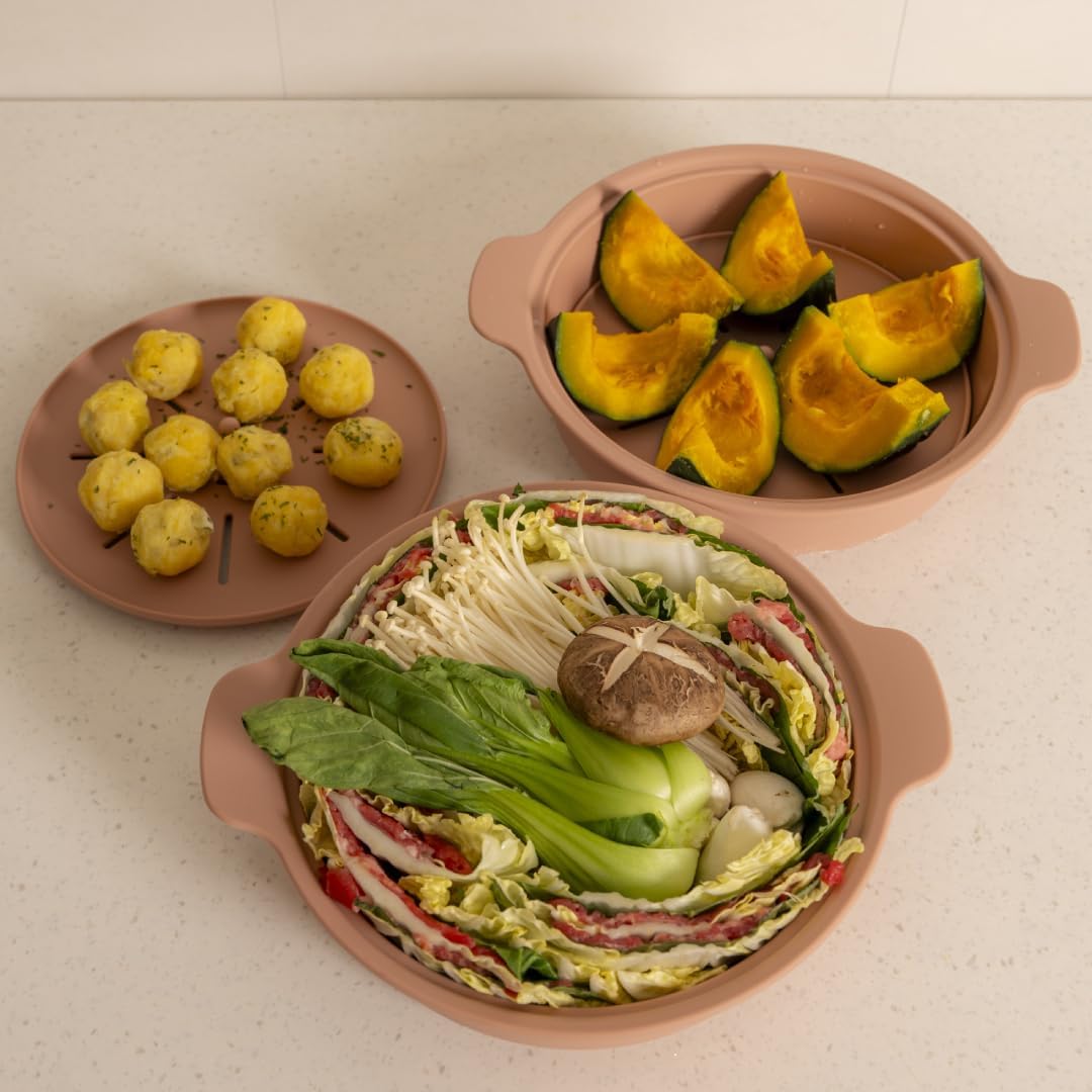 Microwave Silicone Steamer for Baby Food, Made In Korea, Oven & Dishwasher Safe to 482°F, Easy Clean, Microwave Pot with Handle & Lid, 100% Food Grade Steamer Bowl (Terracotta Rose, 29oz (850ml) with basket)