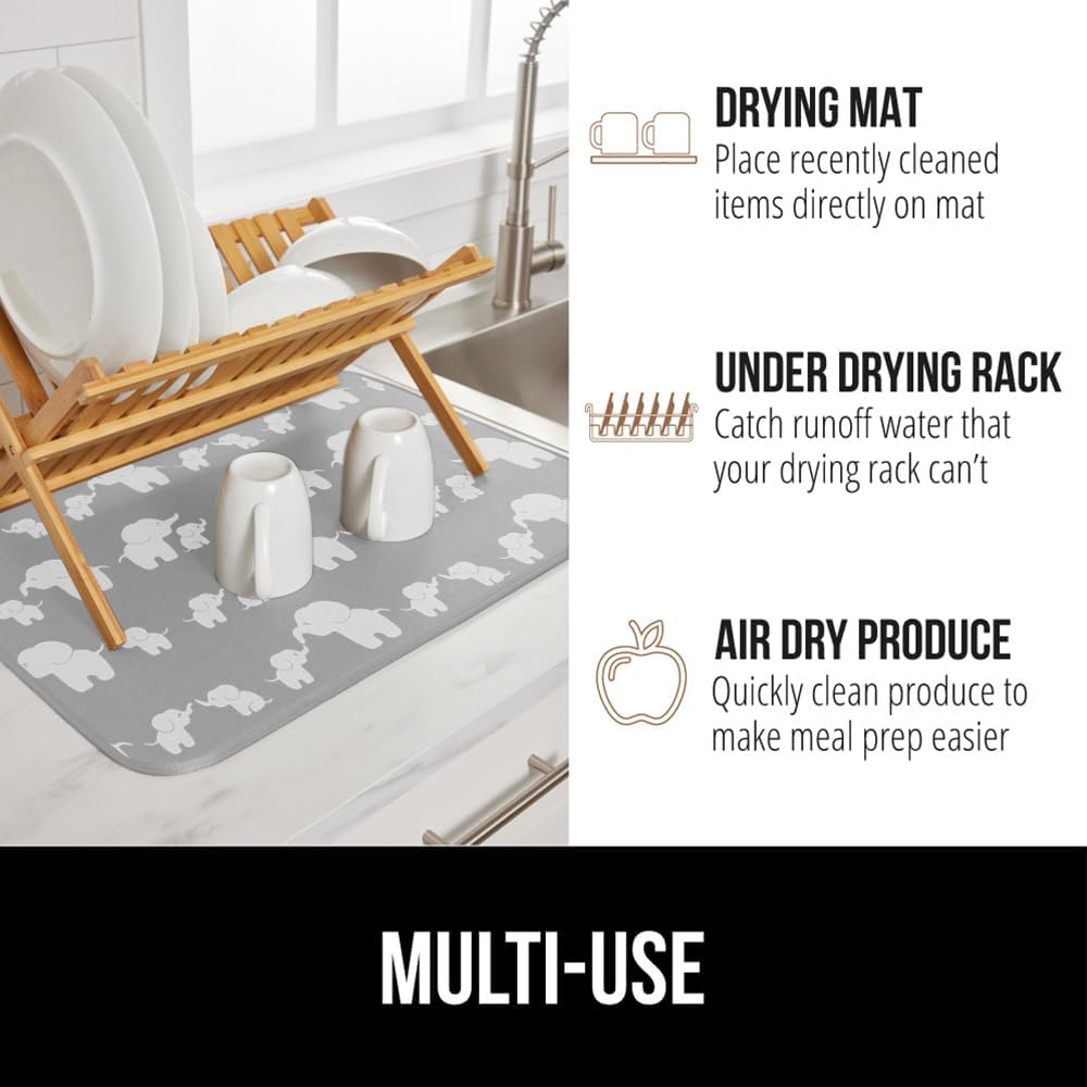 GORILLA GRIP Ultra Water Absorbent Microfiber Dish Drying Mat, 18x32, Quick Dry Thick Mesh, Slip Resistant Pad for Sink Dishes or Under Rack, Kitchen Counter Accessories, Machine Wash Mats, Elephants