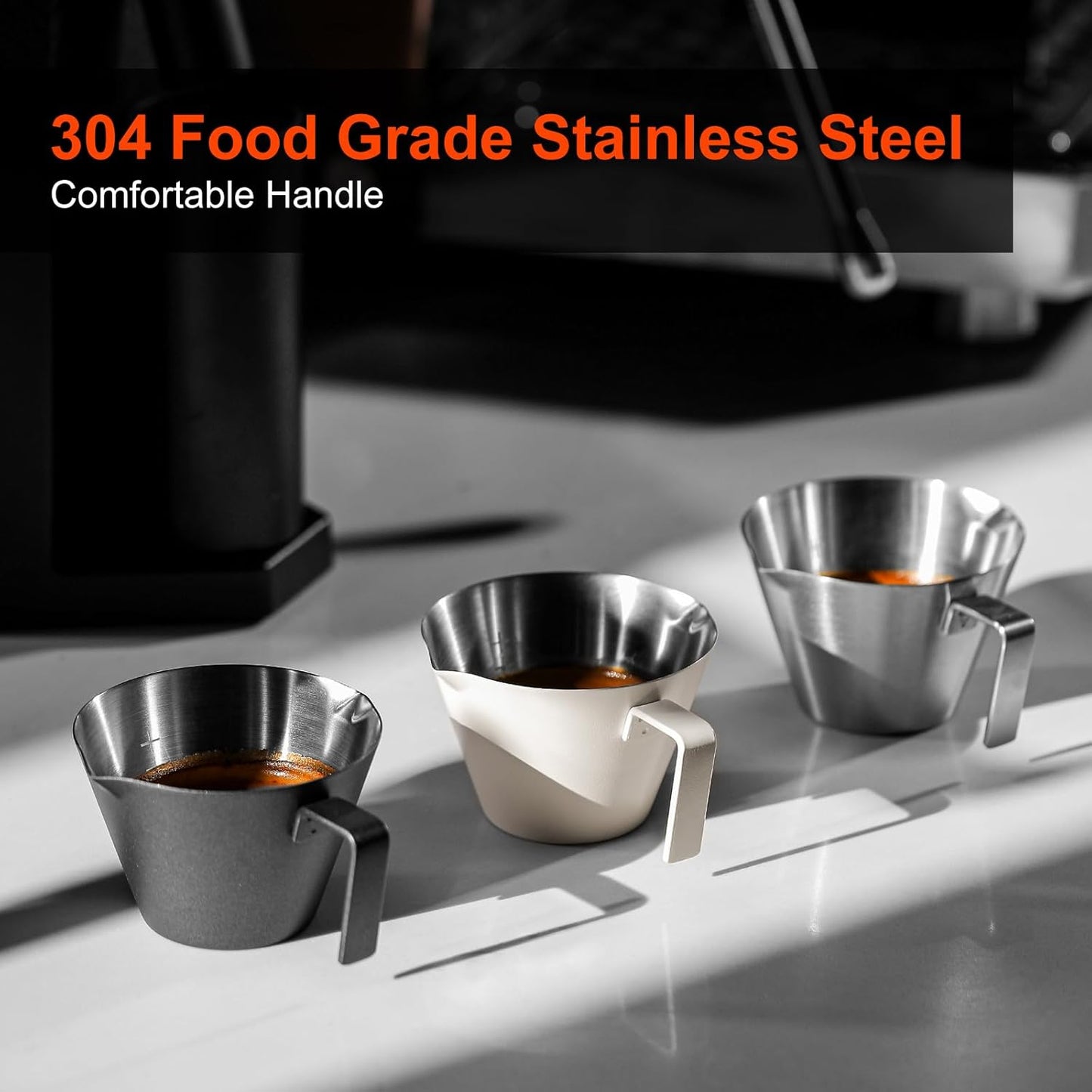 MHW-3BOMBER Espresso Measuring Cups, Double Spouts Stainless Steel Espresso Pour Cup, Espresso Shot Cups with Handle Scale, Metal Measuring Cups with V-Shaped Mouth, 3.4OZ/100ML Silver G5146BL-OS