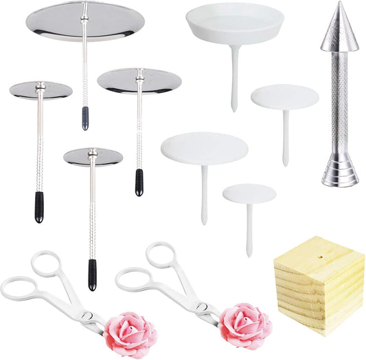 12 PCS Cake Decorating Supplies, Woohome 8 PCS 2 Style Cake Flower Nail, 2 PCS Flower Lifters and 1 PCS Wood Flower Nails Holder, 1 PCS Cake Icing Dispensers for Icing Flowers Decoration