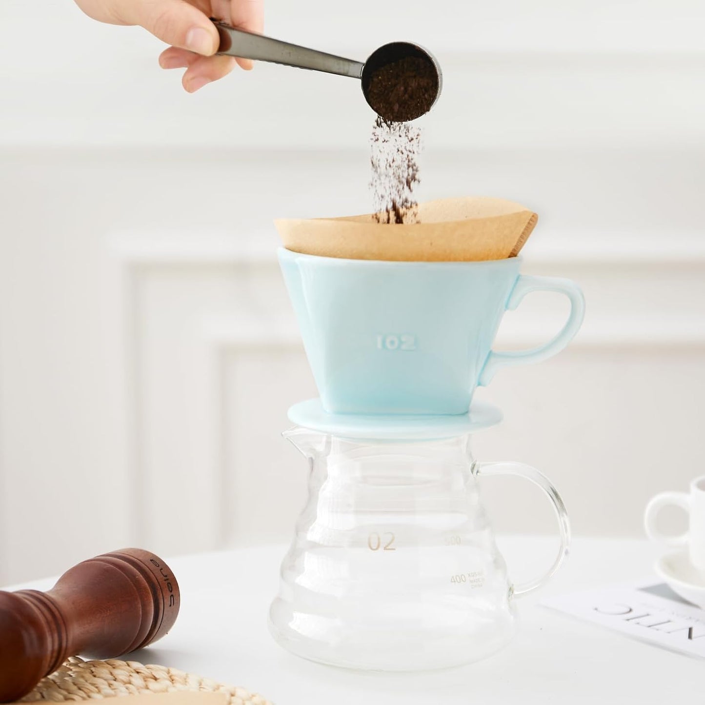 Pour Over Coffee Dripper, Ceramic Pour Over Coffee Maker with 3 Holes Flat Bottom, Easy Manual Slow Brewing, Porcelain Slow Filter Cone for Home, Office, Gift, Size 2, GR