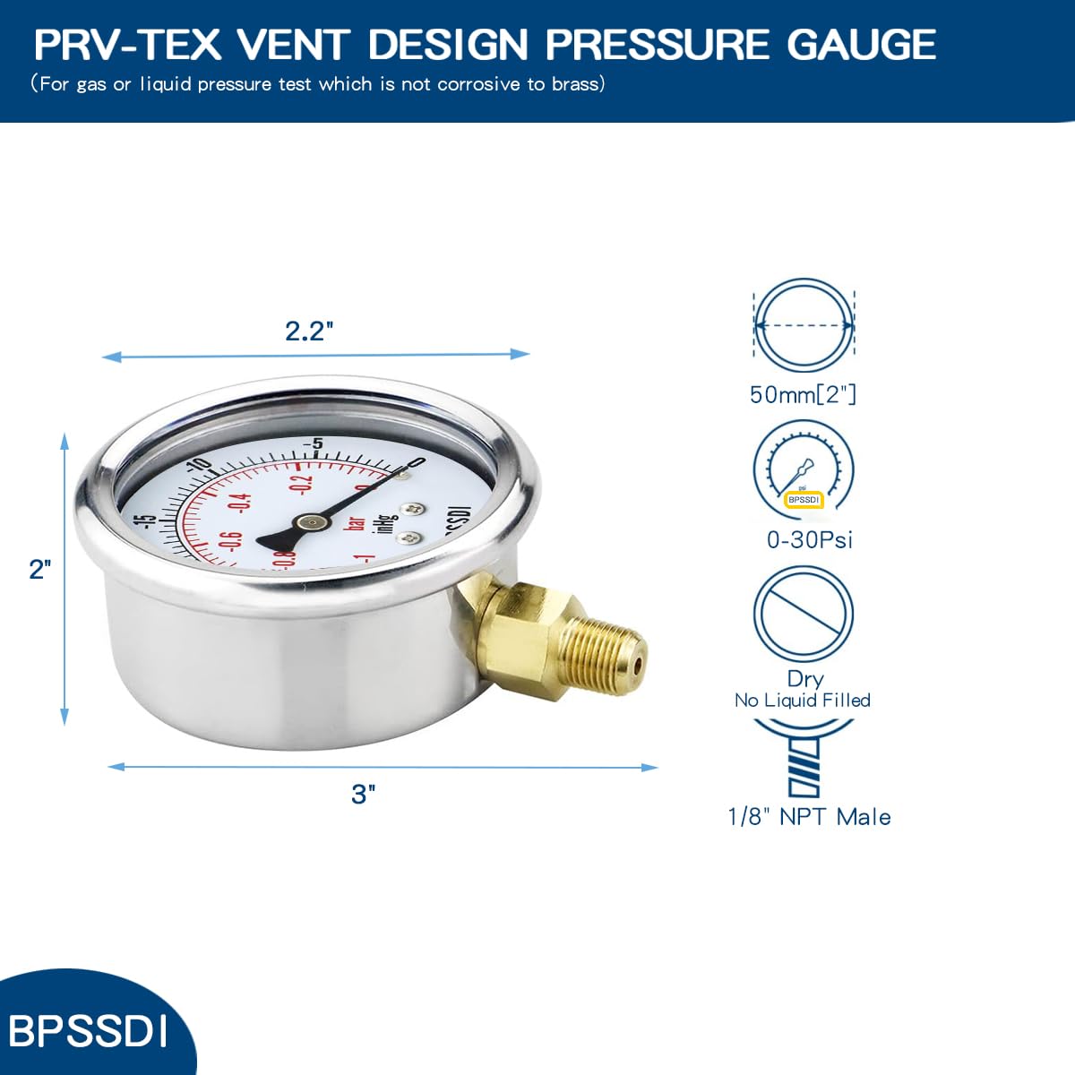 30inHg Vacuum Pressure Gauge, Water Pressure Gauge, 2.5" Dial Size, 1/8" NPT Lower Mount, 304 Stainless Steel Case, for Pneumatic Air Compressor RV Regulator Valve Test(with Tape)