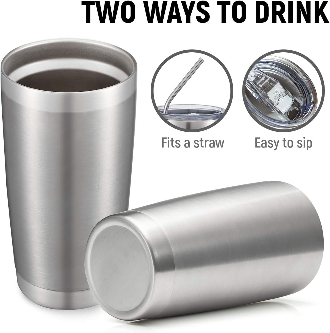 COMOOO 20oz Stainless Steel Tumbler Bulk Double Wall Vacuum Coffee Cup Insulated Travel Mug with Lid and Straw Durable Powder Coated Insulated Coffee Cup for Cold & Hot Drinks (silver, 4 pack
