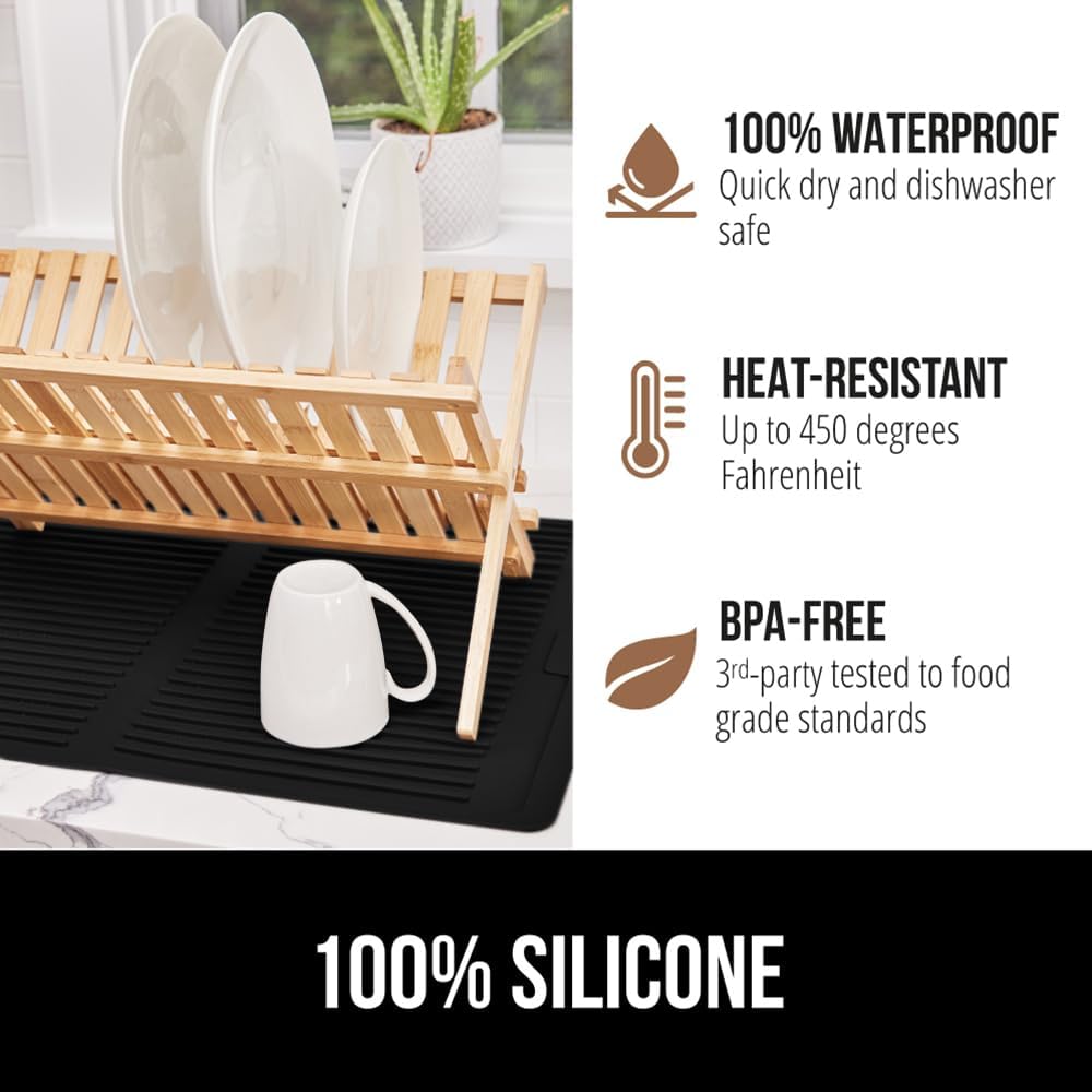 GORILLA GRIP 100% BPA-Free Patented Silicone Dish Drying Mat for Kitchen Counter, 18x16 Inch, Water Catching Ribbed Design, Easy Clean Waterproof Sink Liner, Heat Resistant, Fits Under Rack, Black