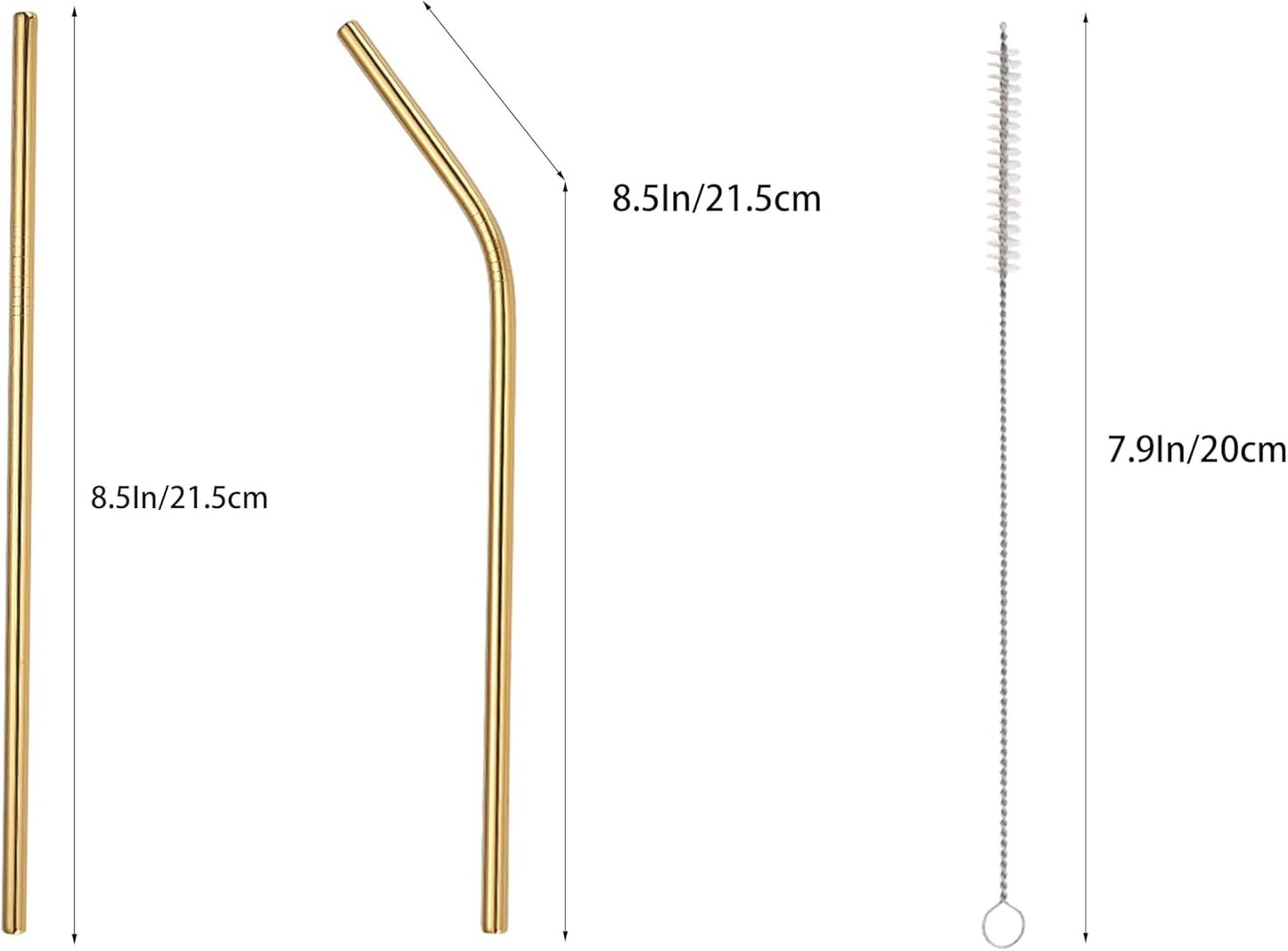 10 Pcs Stainless Steel Straws, Reusable Drinking Straws, 5 Straight + 5 Bent Metal Straws Set With 2 Pcs Cleaning Brushes (Gold, 8.5 Inch)