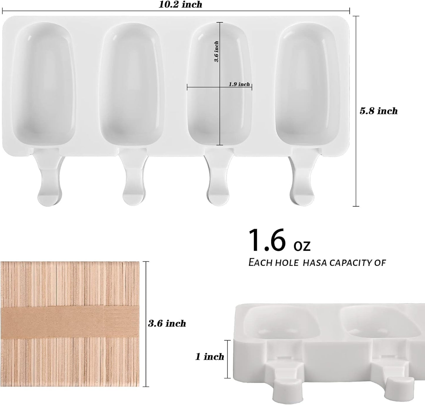 Sakolla Popsicle Silicone Mold, 4 Cavities Ice Pop Molds, Ice Cream Mold Oval Cake Molds with 50 Wooden Sticks