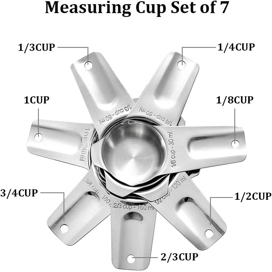 Measuring Cups Stainless Steel 7 Piece Stackable Set for Dry or Liquid Ingredients Measurement - Kitchen Gadgets & Utensils Metal Measuring Cups Best for Cooking & Baking