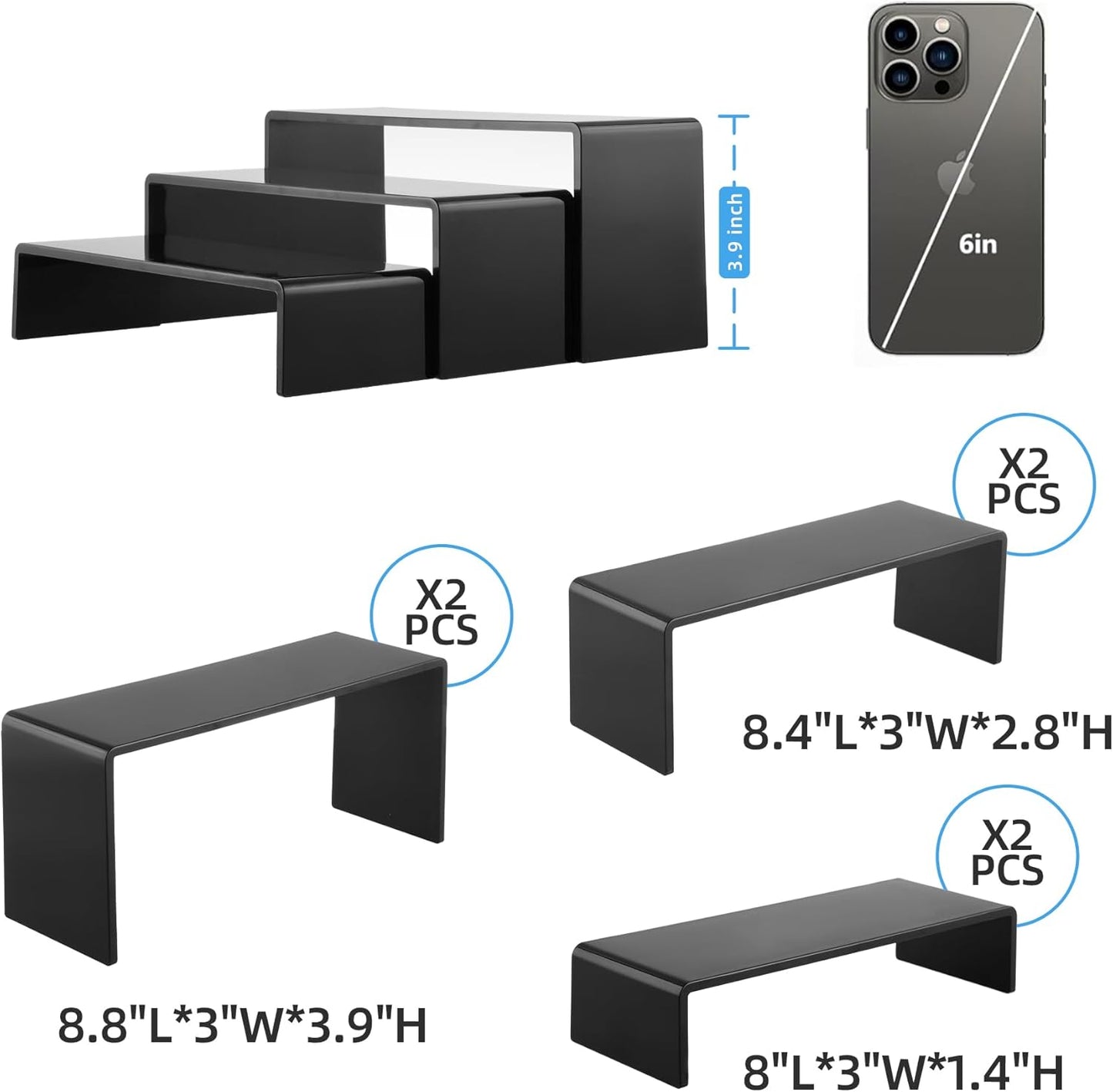 Goabroa Black Acrylic Display Risers, 3 Tiers 2 Set (6 Pcs) Acrylic Shelves Organizer Display Stand, Conutertop Desktop Stands for Decoration and Organizer
