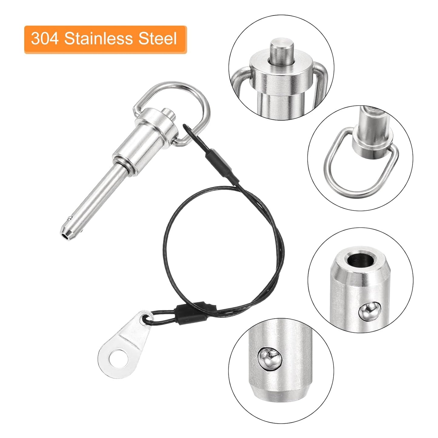 uxcell 1 Pcs Quick Release Pin, 1/4" x 1"(Dia. x L) Push-Button Ball Locking Pin 304 Stainless Steel Ring Handle Locking Pin with Wire for Audio Bimini Top Marine, Silver