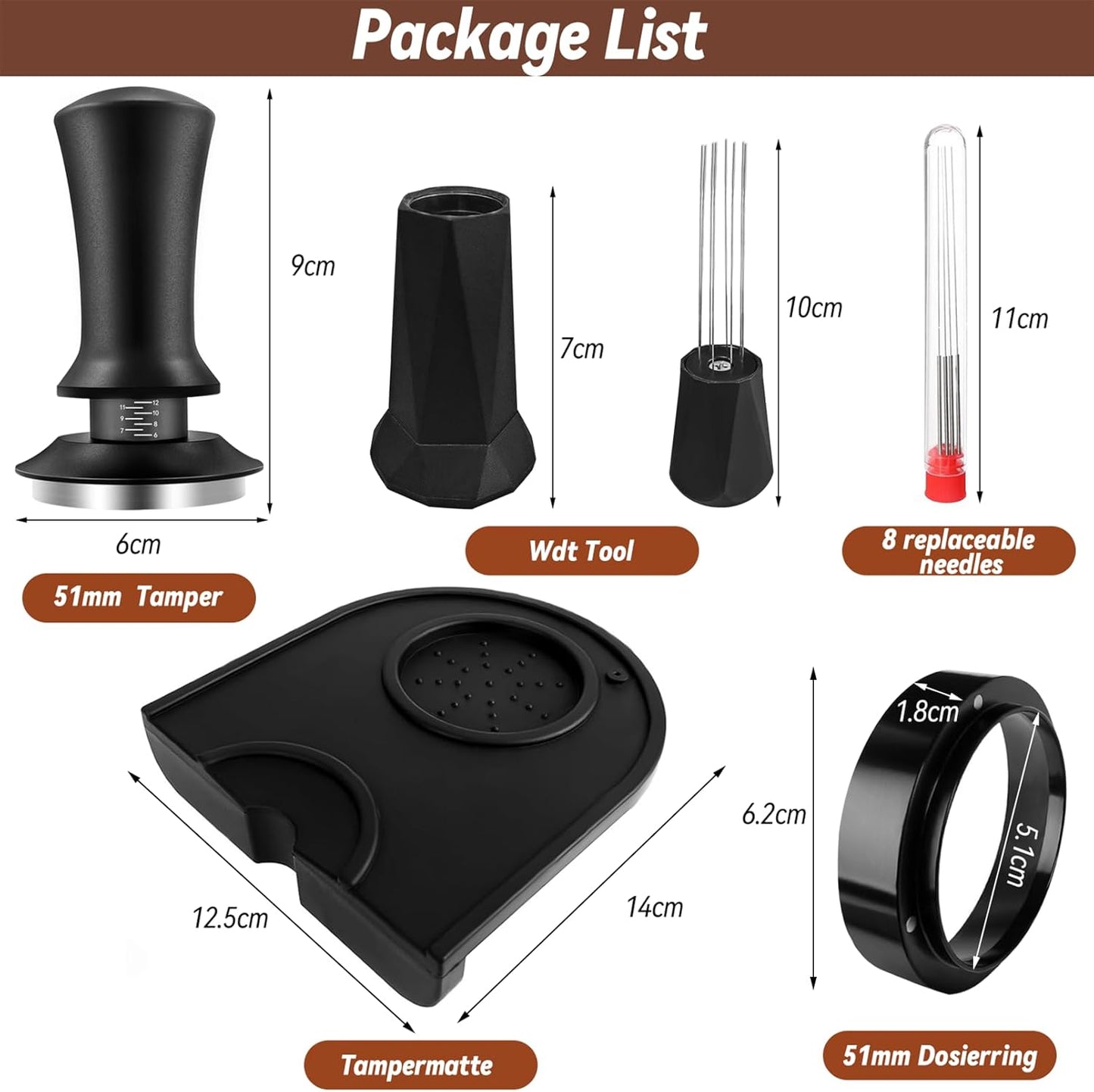 Coffee Espresso Tamper Set, 51mm Espresso Tamper & WDT Tool, Espresso Dosing Funnel, Silicone Gel Coffee Tamper Mat, Espresso Accessories