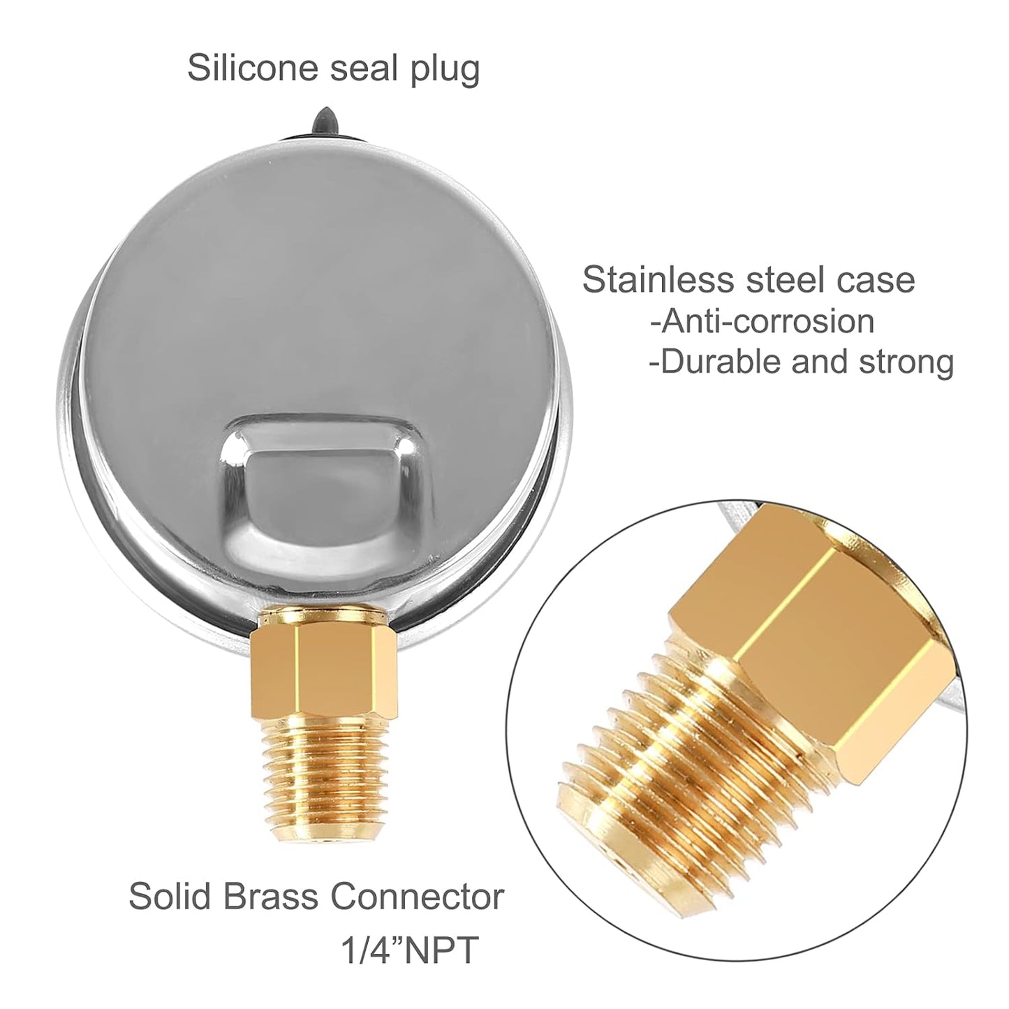 Glycerin Filled Pressure Gauge 600psi/40bar, Stainless Steel case, Brass Inside Construction, 2-1/2" dial, 1/4" NPT Rear Connection.