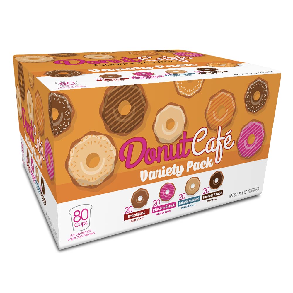Donut Café Single Serve Coffee Pods for Keurig K Cup Brewers, Light Medium and Dark French Roast, Breakfast Classic Blend, Colombian, Variety Pack, 80 Count