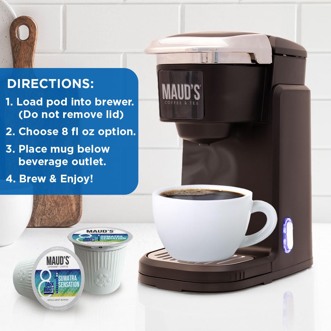Maud's Sumatra Coffee Pods, 100 ct, Dark Roast Coffee in Recyclable Single Serve Pods – 100% Arabica Coffee, Compatible with Keurig K Cups Maker