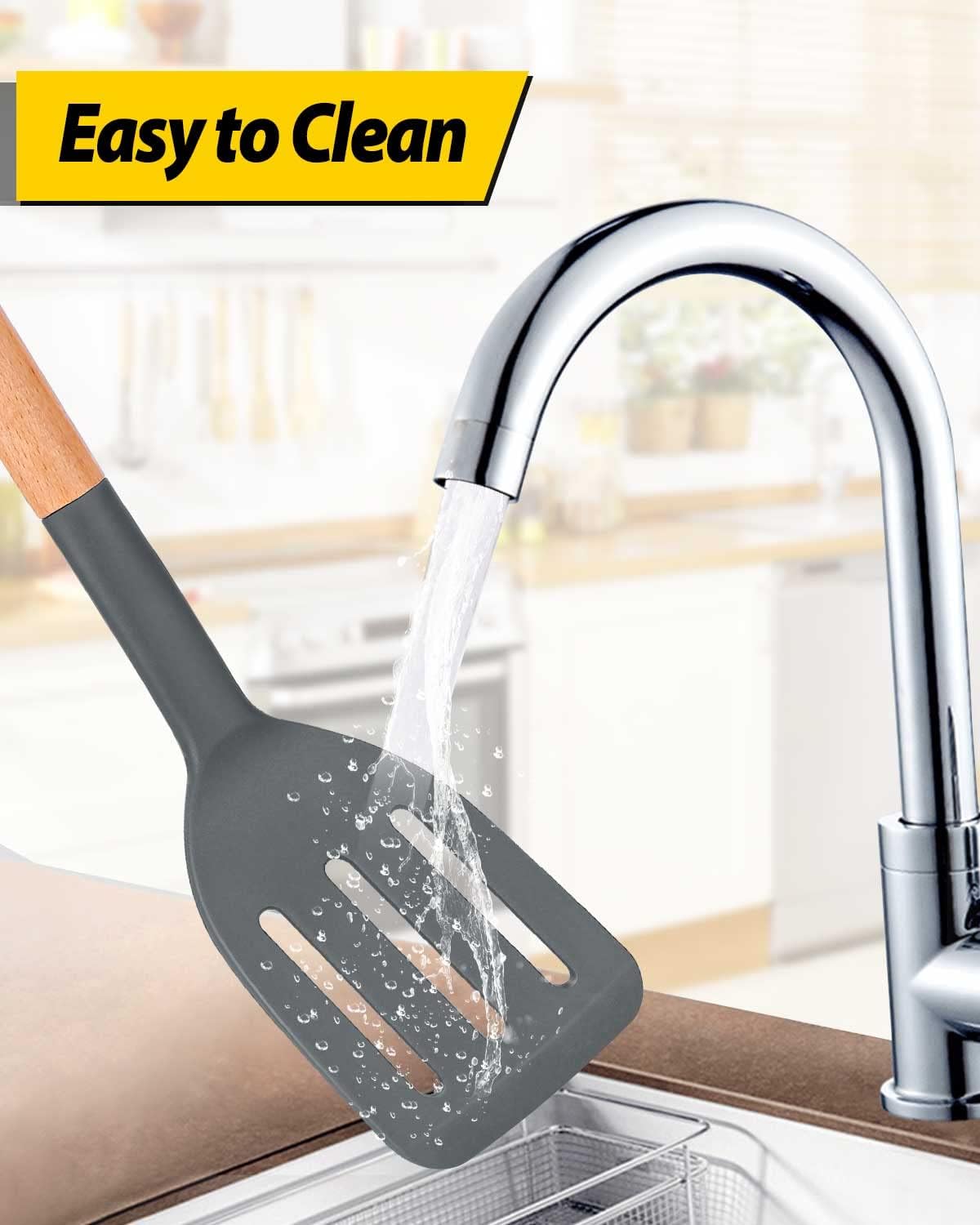 Pack of 2 Silicone Cooking Spatula, Heat Resistant Solid Turner, Non Stick Slotted Spatulas with Wooden Short Handle,Ideal Wood Kitchen Utensils Set for Frying, Baking, Flipping, Turning