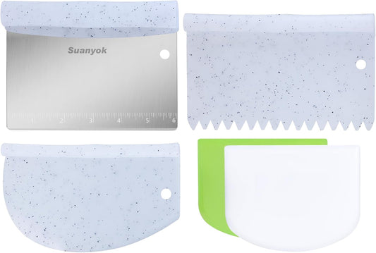 Bench Scraper Food Vegetable Chopper,Stainless Steel Pizza Dough Scraper-Flexible Plastic Bowl/Cake Scraper 5-Piece Set,Bread/Pastry/Pizza/Flour/Cheese Cutter (White)