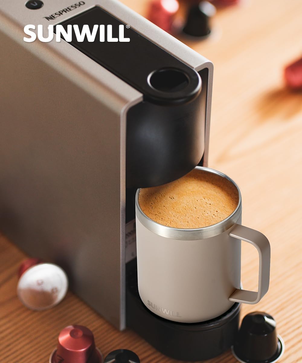 SUNWILL Travel Coffee Mug with Lid, Insulated Tumbler with Handle, 14oz Stainless Steel Cup for Camping, Office, Home, Powder Coated Taupe