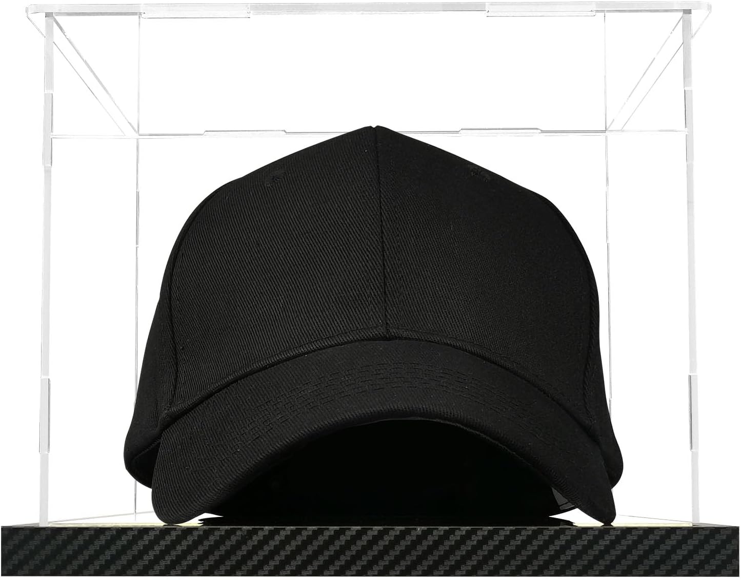 Clear Hat Display Case Acrylic Baseball Cap Holder Stand Transparent Hat Storage Box Dustproof Square UV Protection Cabinet with Carbon Fiber Skin Base and Removable Mirror Base
