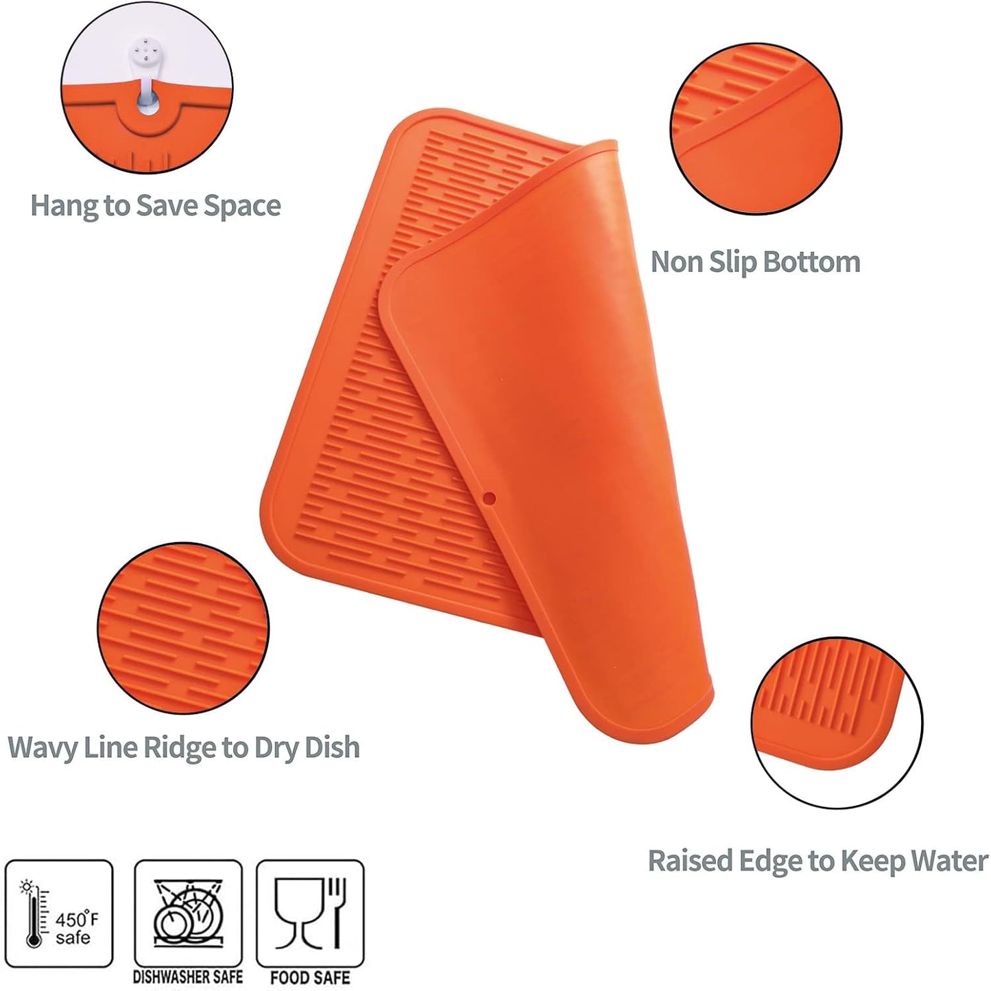 Silicone Dish Drying Mat for Multiple Usage,Easy clean,Eco-friendly,Heat-resistant Silicone Mat for Kitchen Counter or Sink,Refrigerator or Drawer Liner Orange XL 18 inches x 16 inches