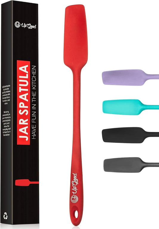 Silicone Jar Spatula | 600F Heat Resistant Non-Stick Rubber Scraper | Perfect for Jars, Smoothies, Blenders | One Piece Utensils | Durable Kitchen Cookware (UpGood Professional Spatulas, Red)