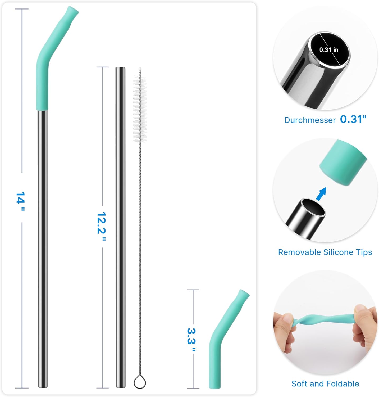 2 Pcs Stainless Steel Straws for 40 oz Stanley Tumbler, Replacement 40 oz Stanley Cup Straw Accessories with Silicone Tips and Cleaning Brush (Teal)