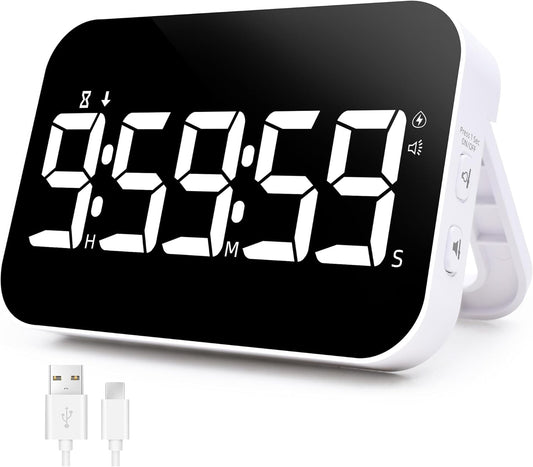 Kitchen Digital Timer, Rechargeable Magnetic Timers with Countdown/up, Kids Timer with 5”LED Display 3 Brightness 4 Volume Adjustable for Classroom/Office/Home/Work/Study/Fitness/Game-White