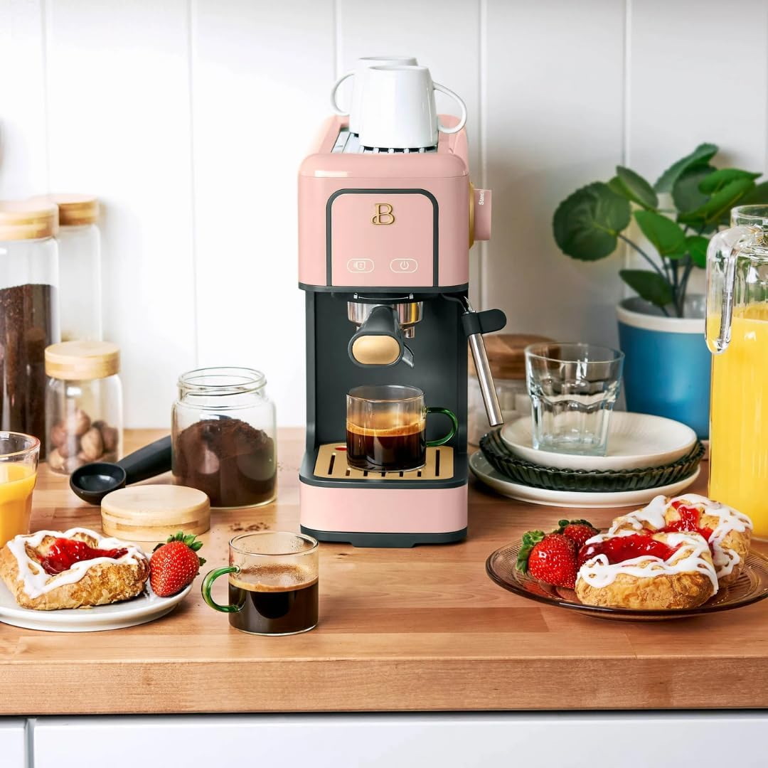 Beautiful Slim Espresso Maker by Drew Barrymore – 20‑Bar Pressure, Dual‑Spout 52 mm Portafilter, 50 oz Removable Tank, 2‑in‑1 Steam Wand & Touch Controls (Rose)