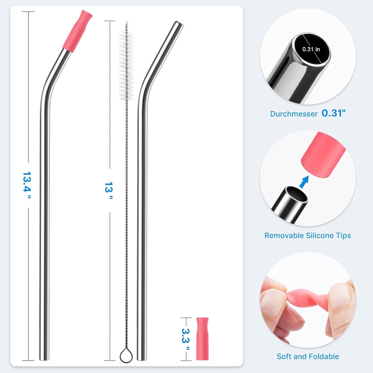 2 Pcs Stainless Steel Straw with Silicone Tips for 40 oz Stanley Tumbler, Repeatable 40 oz Metal Straws for Stanley Adventure Quencher Travel Tumbler Cup, BPA Free（Pink Dusk）