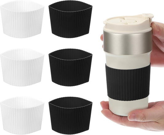uxcell 6Pack Coffee Cup Sleeves, Reusable Silicone Heat Resistant Cup Protective Sleeve Nonslip Mug Protector Cover for Home Travel Coffee Mug Glasses Water Bottle Boots, White/Black