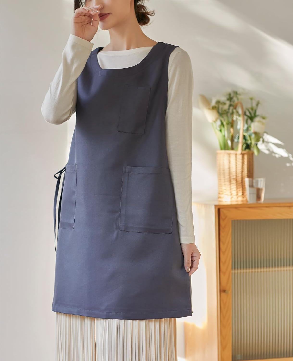 Women Cobbler Apron Japanese Style Aprons with 3 Pockets for Work Chef Kitchen