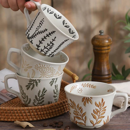 Ceramic Mug Set of 4 with Coffee Spoon, 11oz - Vintage Coffee Mug Cups for Coffee Milk Latte Cappuccino Tea, Porcelain Coffee Cups Dishwasher Microwave Freezer Safe Stoneware