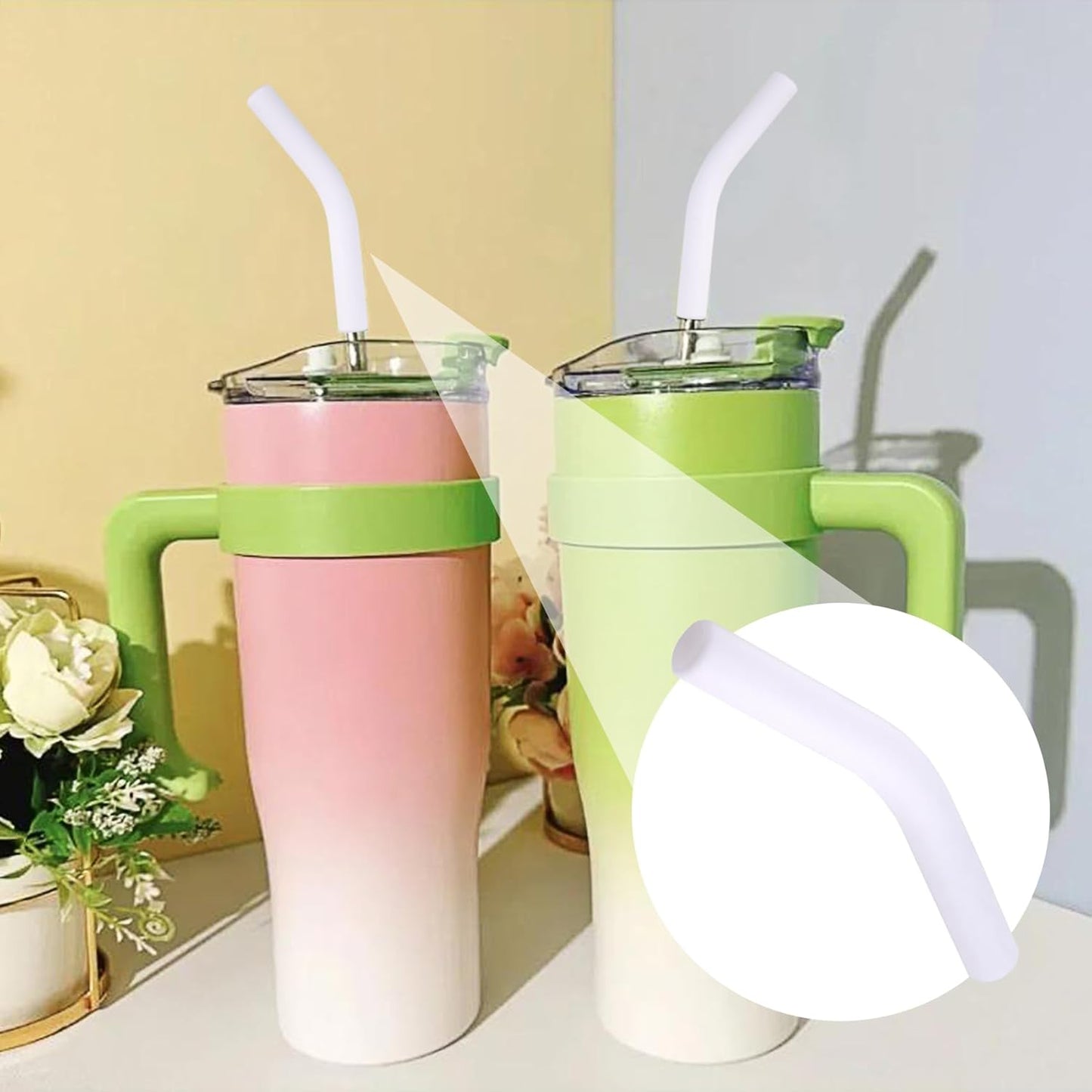 6pcs Food-Grade Silicone Metal Straw Tips, Reusable Flex Elbow Straws Cover Replacement Tips, Soft Straw Toppers Kits for 8 mm Stainless Steel Metal Straws - White