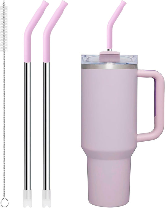 Snowfall Metal Replacement Straw for Stanley 40 OZ Cup, Long Reusable Stainless Steel Drinking Straws with Silicone Tip for Simple Modern 40 OZ Tumbler (Purplish Pink)