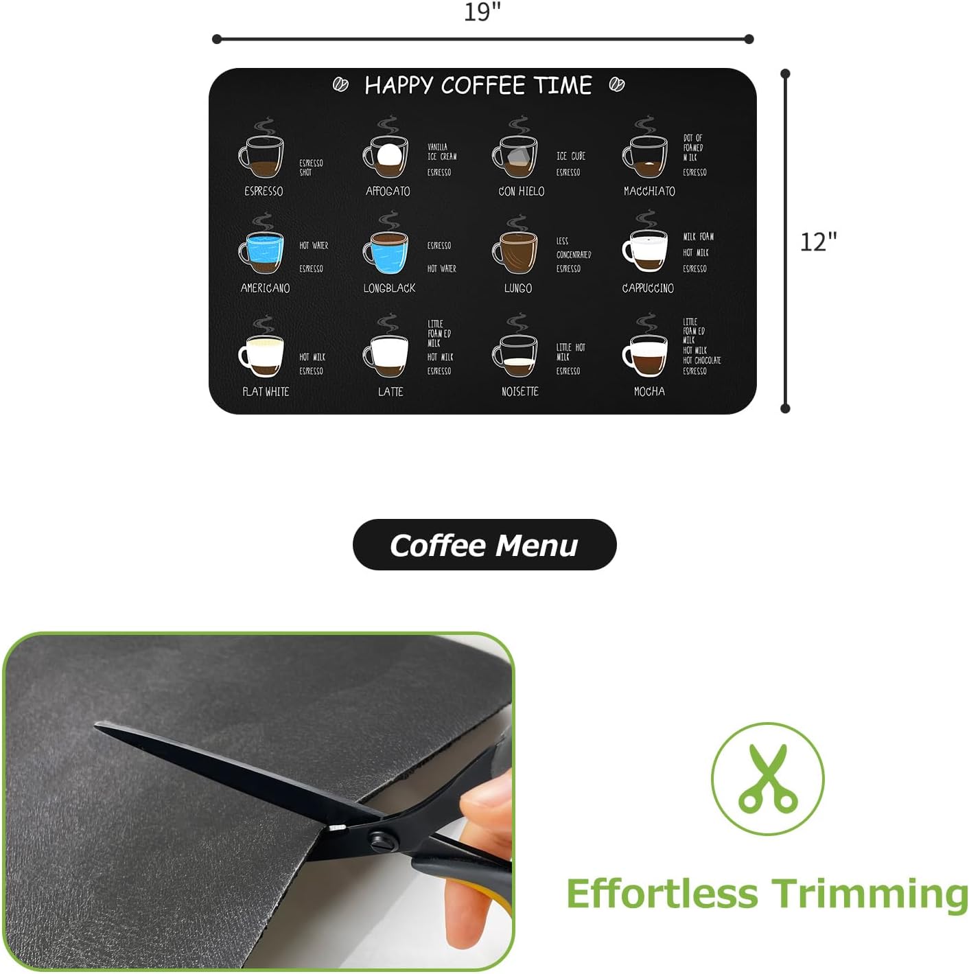 Matace Designer Coffee Bar Mat, Small 12 x 19 Inches, Rubber Backing, Absorbent Coffee Maker Mats for Dish Drying, Kitchen Countertop, Heat Resistant, Coffee Flavor Menu, Black