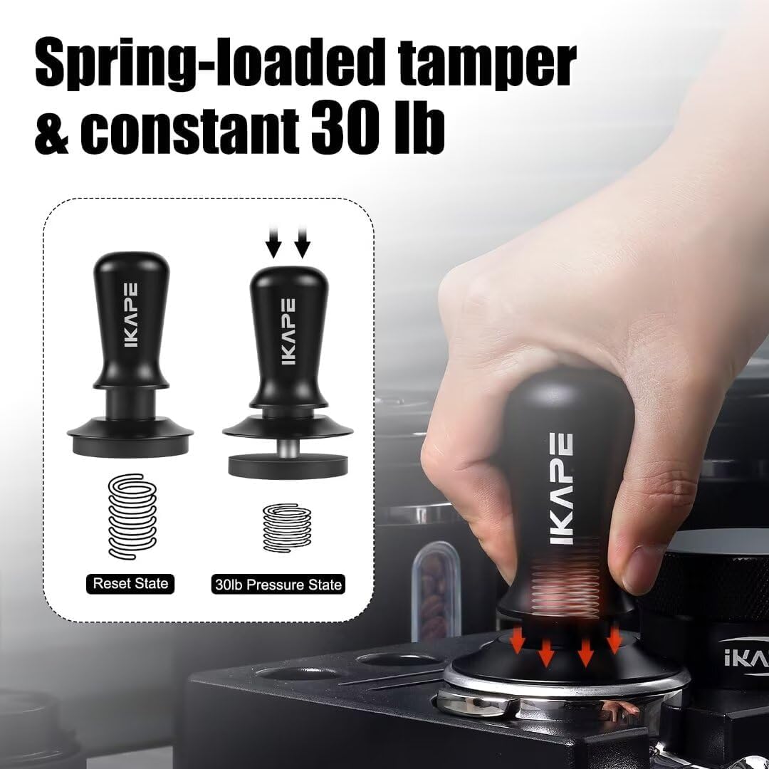 IKAPE 58.35mm Espresso Tamper, Spring-loaded Calibrated Tamper with Titanium Ripple Plating Base, Compatible with Over 58MM Espresso Bottomless Portafilter