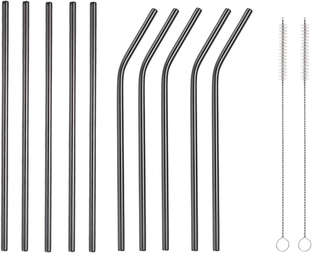 10 Pcs Stainless Steel Straws, Reusable Drinking Straws, 5 Straight + 5 Bent Metal Straws Set With 2 Pcs Cleaning Brushes (Black, 10.5 Inch)