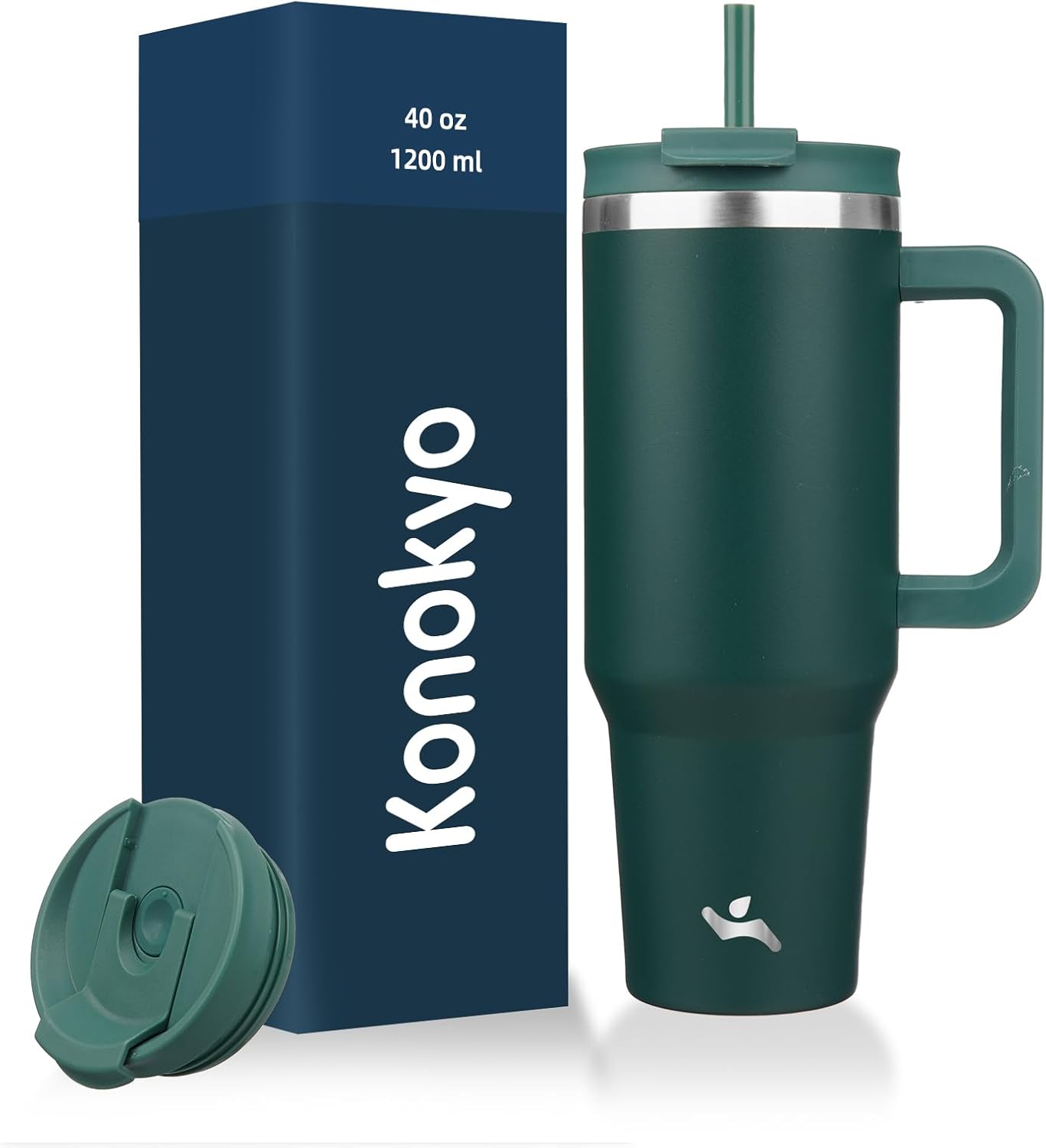 40 oz Tumbler with Handle and 2 Straws,2 in 1 Lid Insulated Water Bottle Stainless Steel Travel Coffee Mug,Dark Green