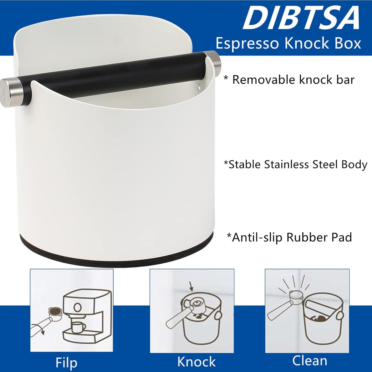 Coffee Knock Box, Espresso Knock Box Stainless Steel Espresso Machine Accessories with Removable Knock Bar and Non-Slip Base Coffee Grounds Container Bin, Large (White)