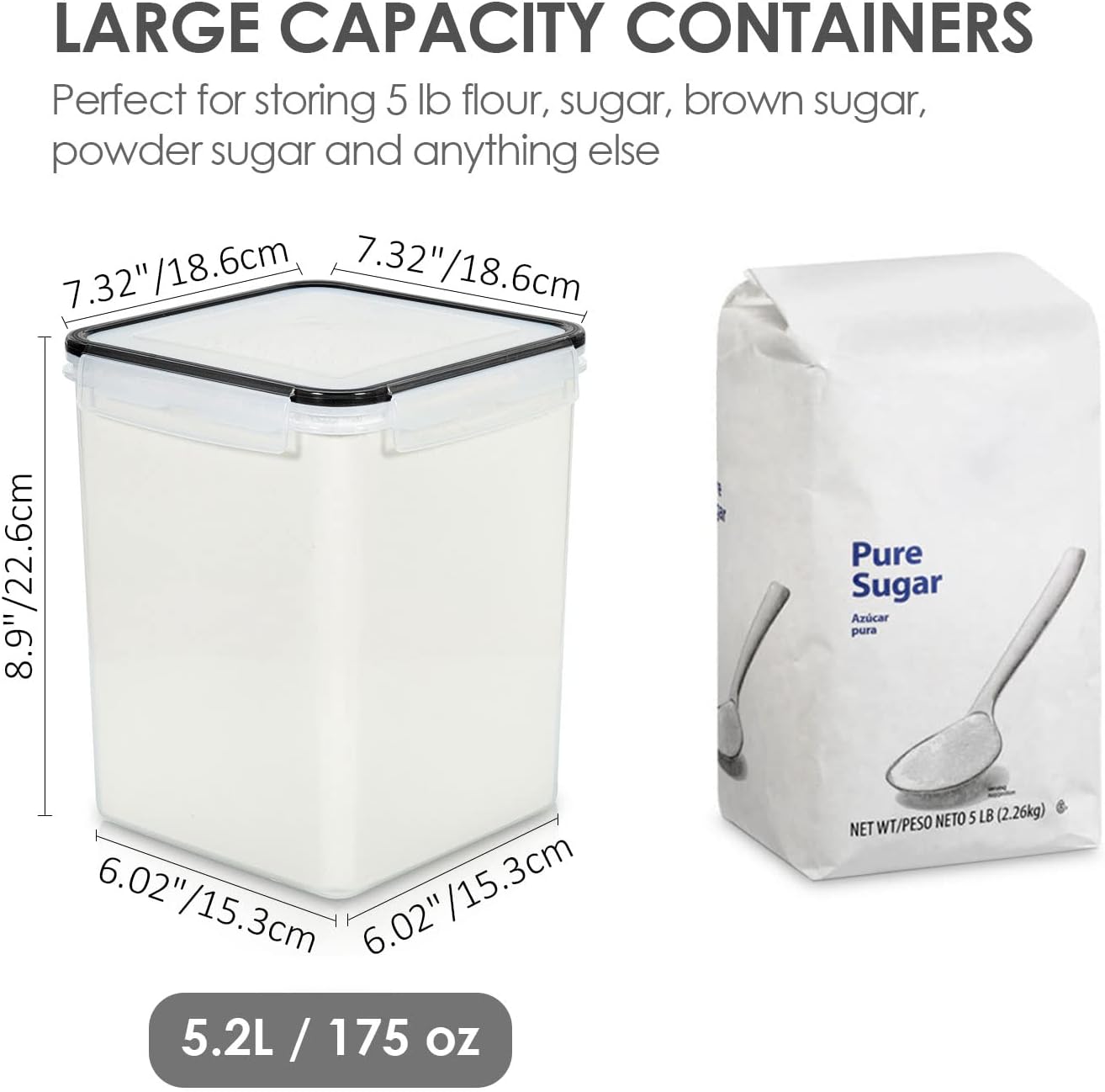 Vtopmart 4 PCS Large Food Storage Containers 5.2L / 175oz, 4 Pieces BPA Free Plastic Airtight Canisters for Flour, Sugar, Baking Supplies, Rice with Lids, 4 Measuring Cups and 24 Labels, Black