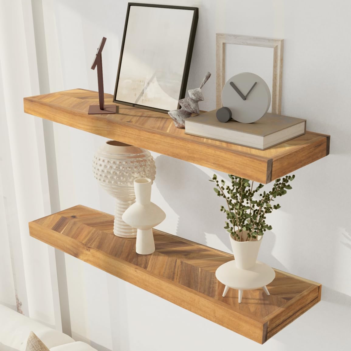 24" Acacia Chevron Floating Shelves Set of 2 - Wall Mounted Wooden Shelf for Stylish Home Décor - Natural Color - 24x6.7x1.5 Inches