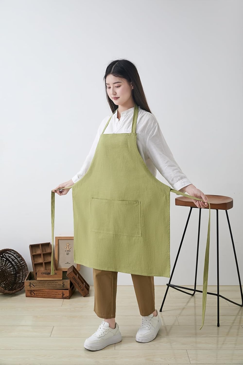 Cotton Linen Apron for Women - Adjustable Casual Apron with Pocktes, Great for Florist, Coffee House and Kitchen