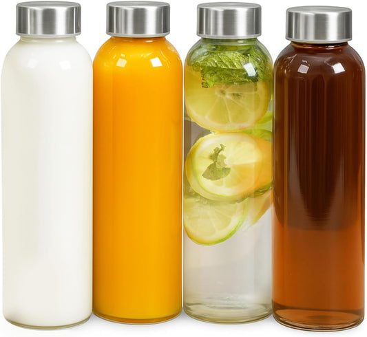 Epica 18-Oz Glass Water Bottles with Lids, Juice Bottles - BPA Free & Eco-Friendly Reusable Refillable Bottles for Juicing, Set of 4 - Clear