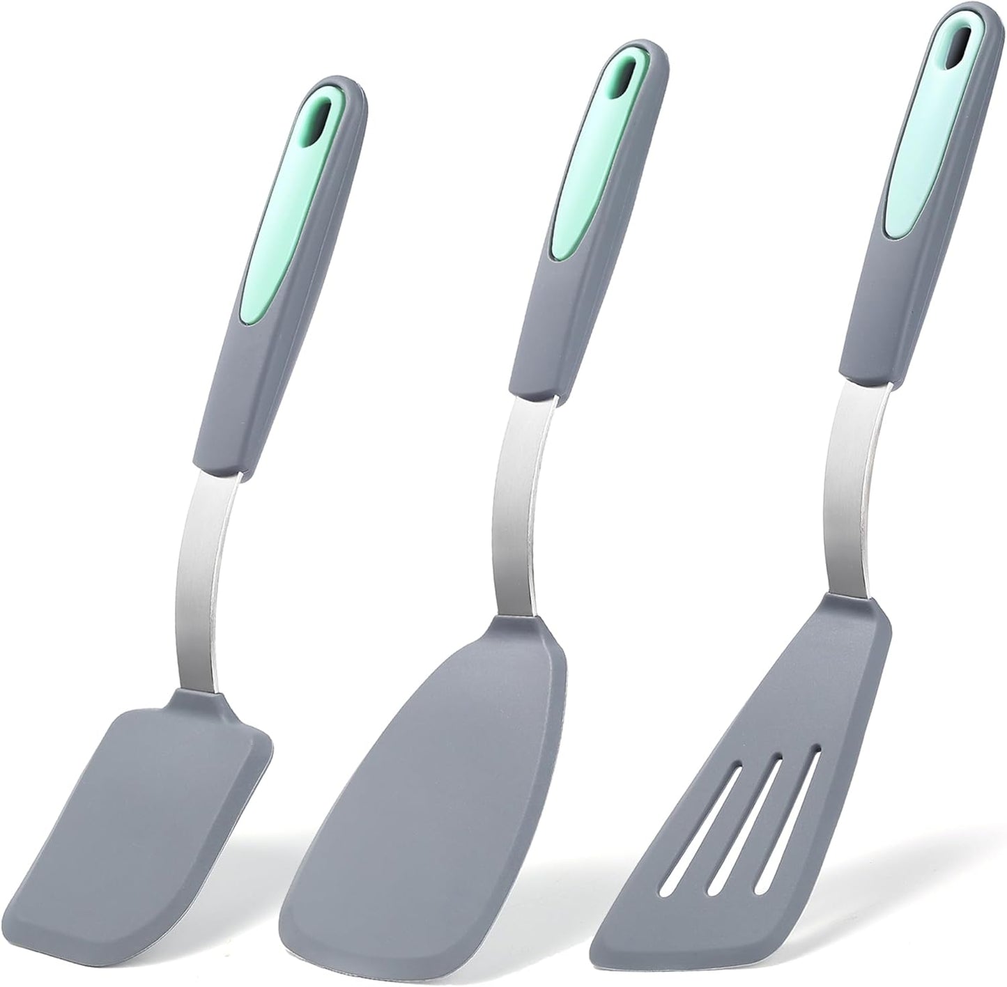 To encounter 3 Pieces Silicone Spatula Set, Heat Resistant Flexible Turner Spatulas, Nonstick Cookie Spatula, Fish Spatula, Dishwasher Safe, Light Grey