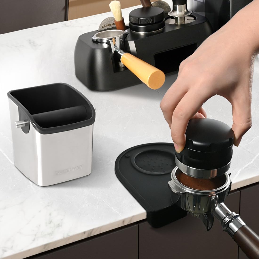 Coffee Knock Box Espresso Accessories - Home Use Small Coffee Grounds Puck Knock Box Stainless Steel with Tamping Mat for Espresso Machine