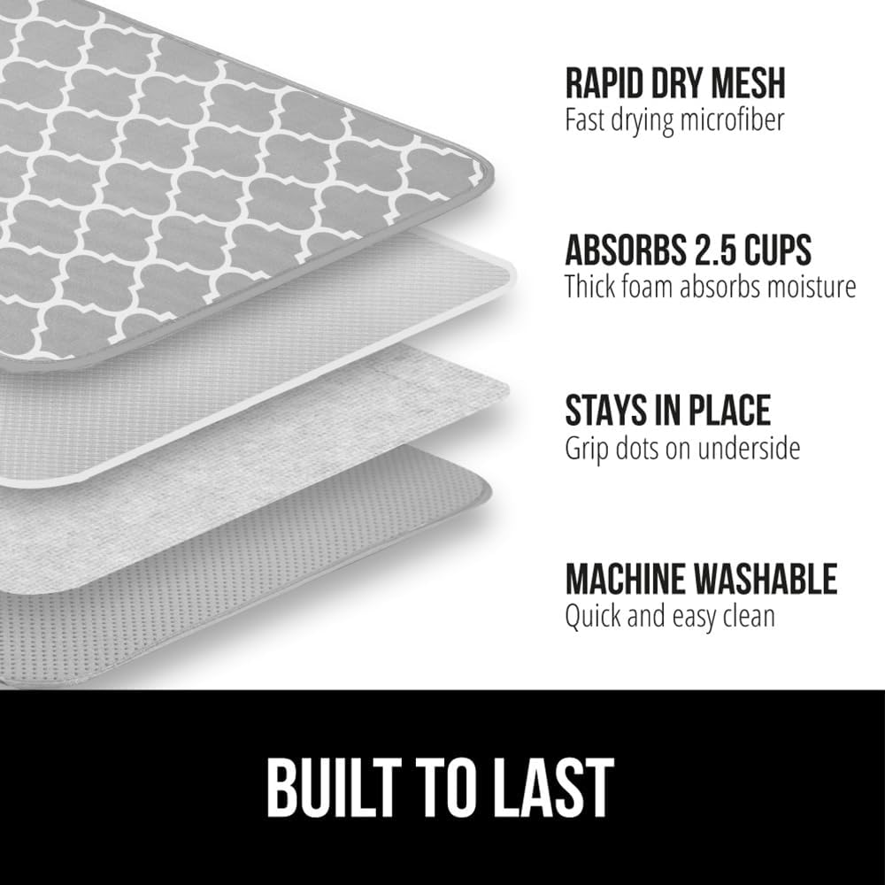 GORILLA GRIP Ultra Water Absorbent Microfiber Dish Drying Mat, 18x24, Quick Dry Mesh, Slip Resistant Pad for Sink Dishes or Under Rack, Kitchen Counter Accessories, Machine Wash, 2 Pack Quatrefoil