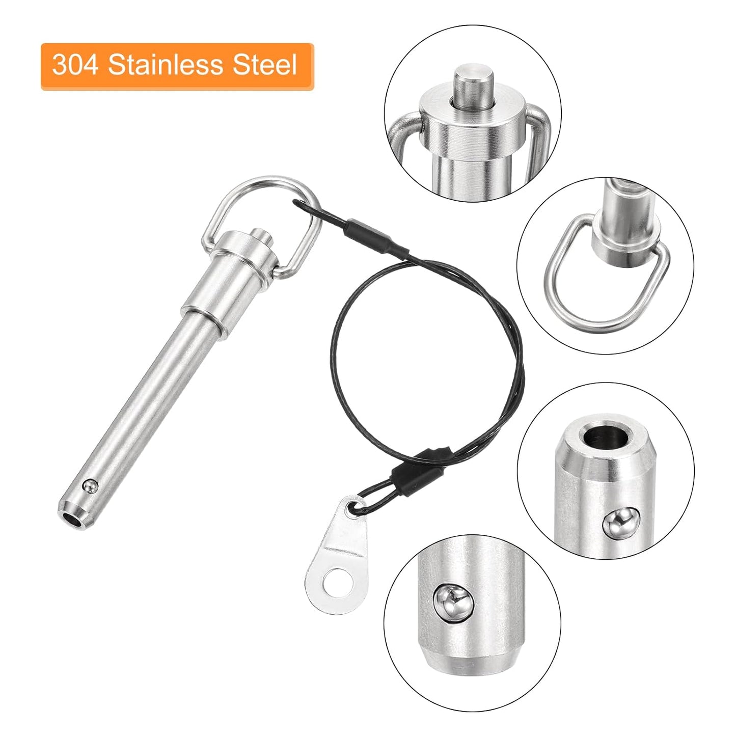 uxcell 2 Pcs Quick Release Pin, 3/8" x 1.77"(Dia. x L) Push-Button Ball Locking Pin 304 Stainless Steel Ring Handle Locking Pin with Wire for Audio Bimini Top Marine, Silver